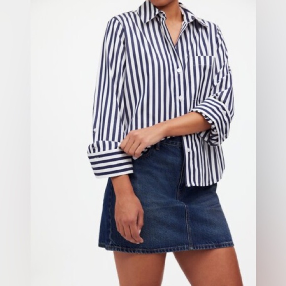 Madewell Easy Y-Neck Button Up Shirt Navy White Stripe Small 100% Cotton